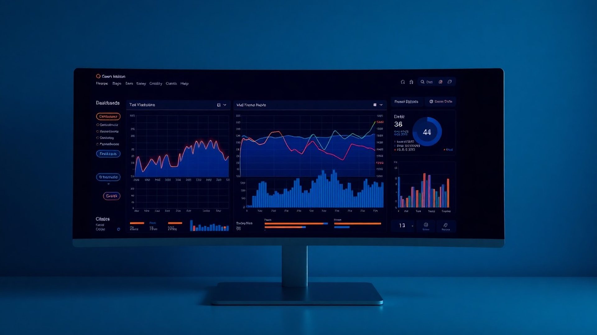 Analitički dashboard Novi Radionica u indigo-tech dizajnu
